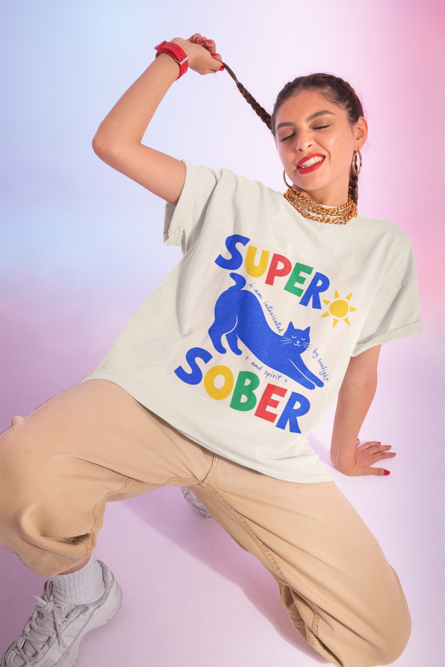 T-Shirt —Super Sober Cat Funky Recovery Pride Tee